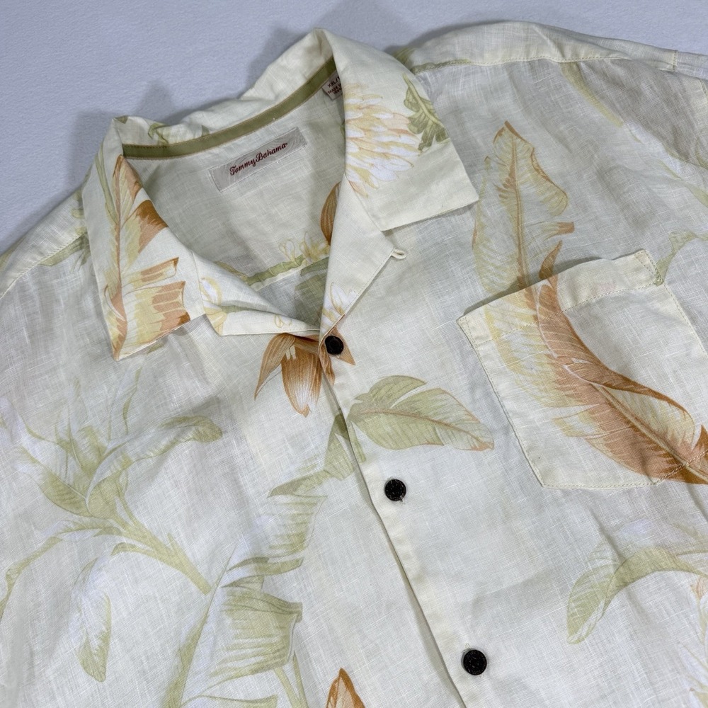 Tommy Bahama Men's XXL Yellow Floral 100% Linen Short Sleeve Button Up Shirt